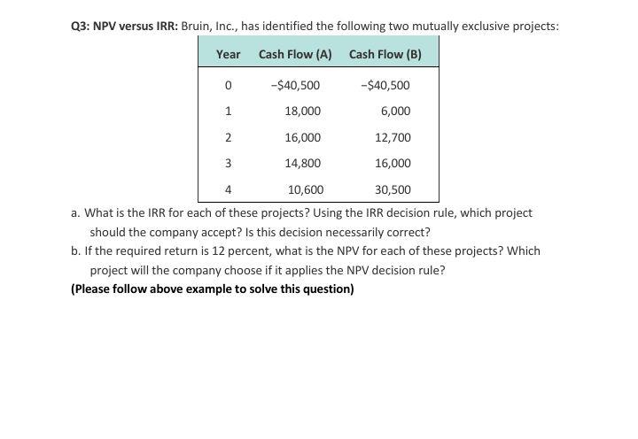 I need the answer as soon as possible Q3: NPV versus IRR: