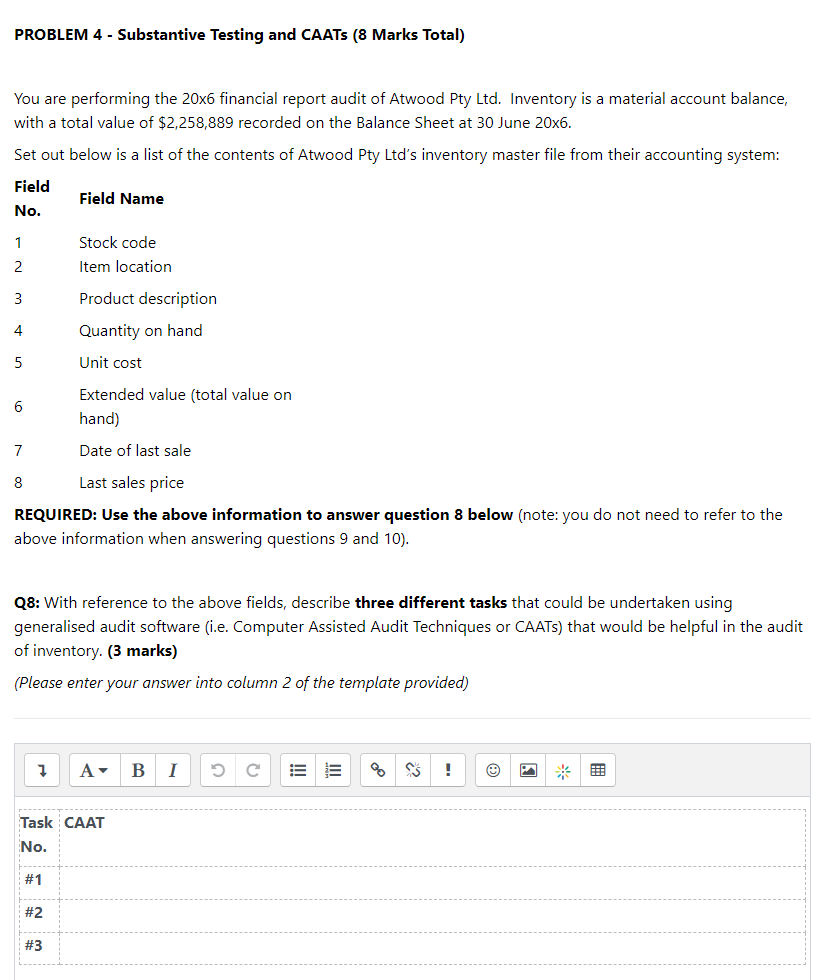 PROBLEM 4 - Substantive Testing and CAATS (8 Marks Total) You