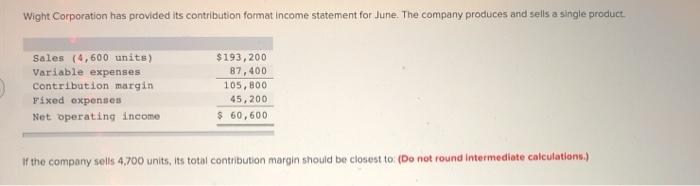  Wight Corporation has provided its contribution format Income statement for June.