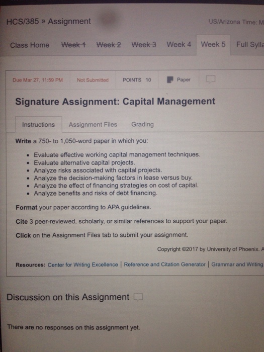  HCS/385 Assignment US/Arizona Time: M Class Home Week 1 Week 2
