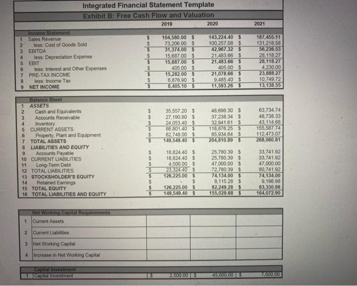 sheet and Income Statement projections for a specific company. The company is