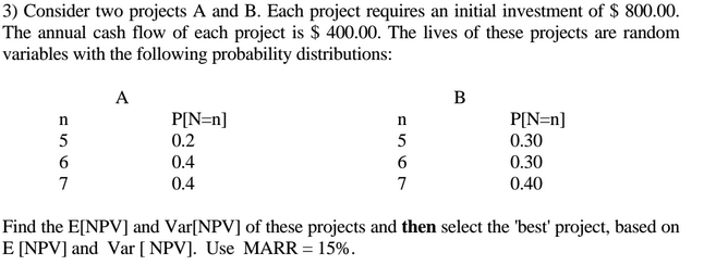 3) Consider two projects A and B. Each project requires an