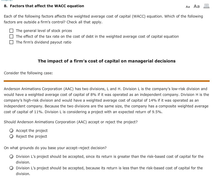 8. Factors that affect the WACC equation Aa Aa Each of