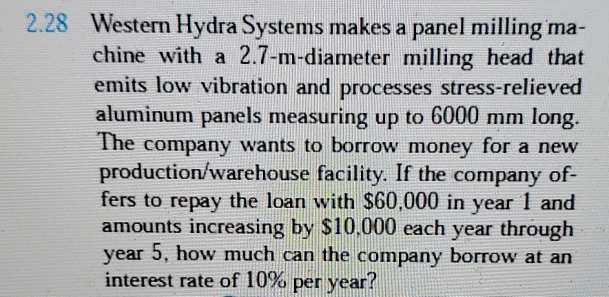 work the problem out 2.28 Western Hydra Systems makes a panel
