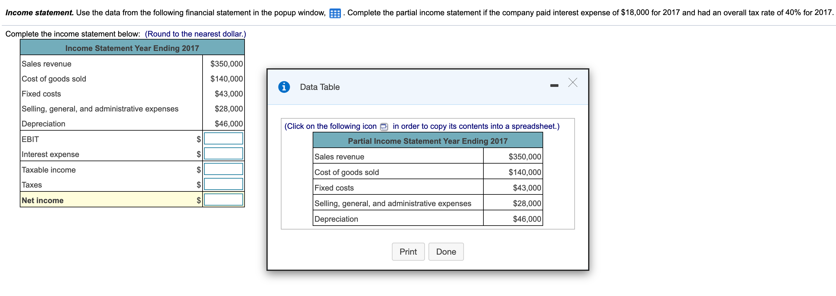  Income statement. Use the data from the following financial statement in