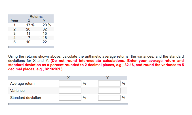 Using the returns shown above, calculate the arithmetic average returns, the