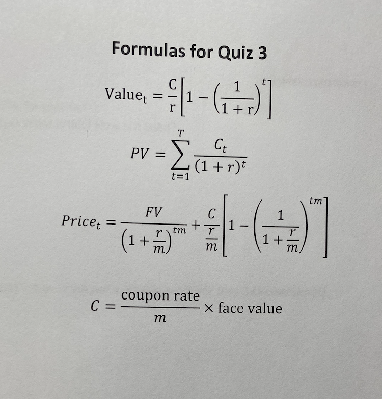  Formulas for Quiz 3 1 = r = 1+r Values =