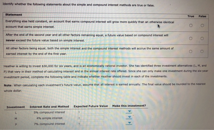  Identify whether the following statements about the simple and compound interest