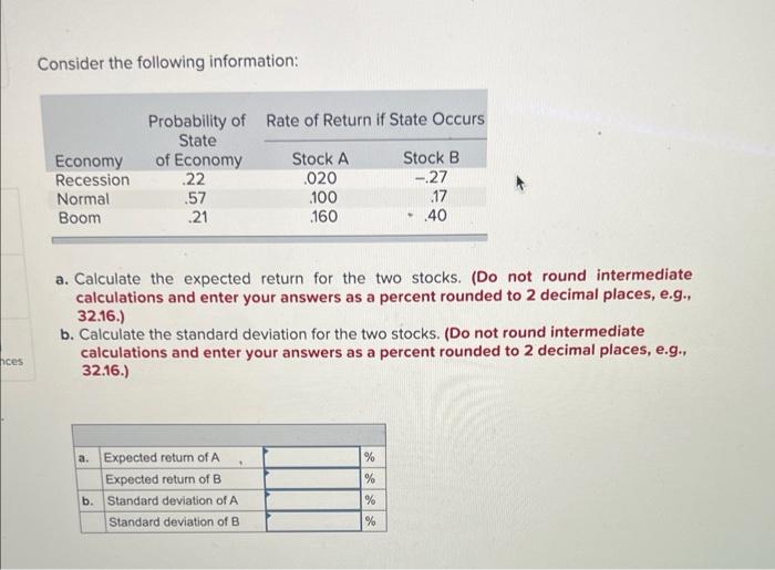  Consider the following information: a. Calculate the expected return for the