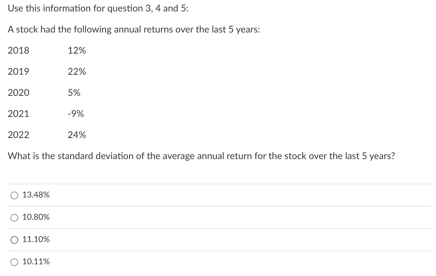 stock had the following annual returns over the last 5 years: What