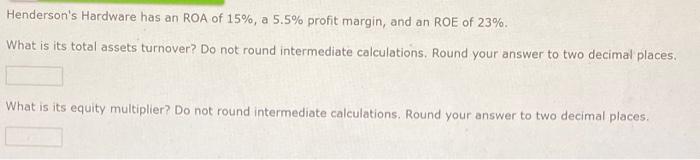 cant get right answer need help Henderson's Hardware has an ROA of