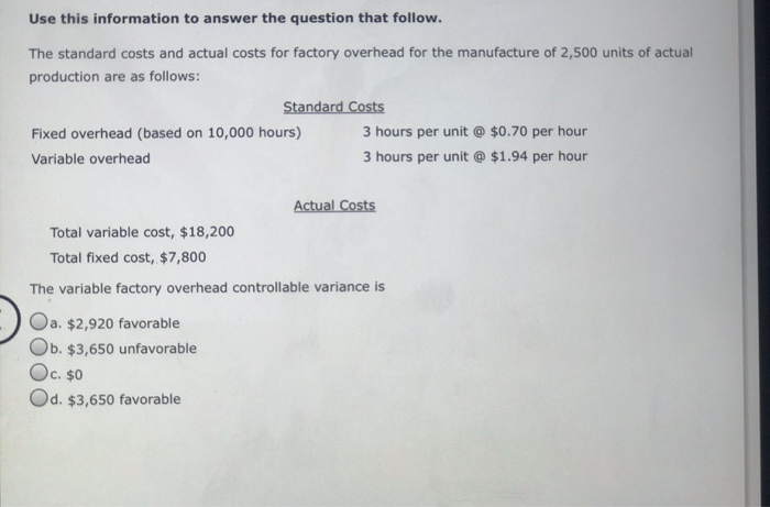 costs and actual costs for factory overhead for the manufacture of 2,500