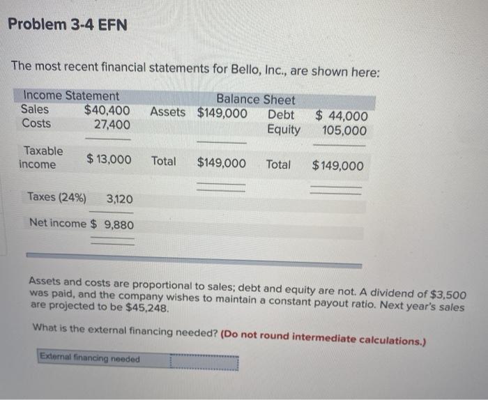  Problem 3-4 EFN The most recent financial statements for Bello, Inc.,