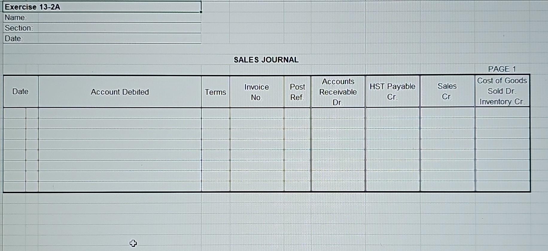 the sales journal (same headings as exercise E13-1A) and general journal (page