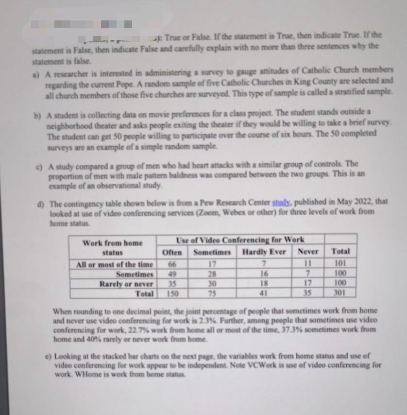  a-e 1): True or False. If the statement is True, then