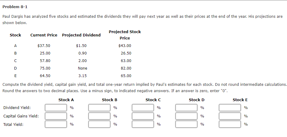  Problem 8-1 Paul Dargis has analyzed five stocks and estimated the