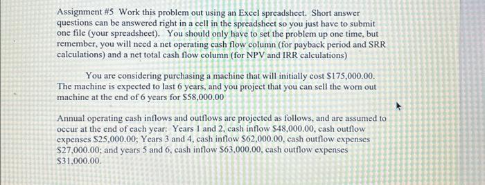  Assignment #5 Work this problem out using an Excel spreadsheet. Short