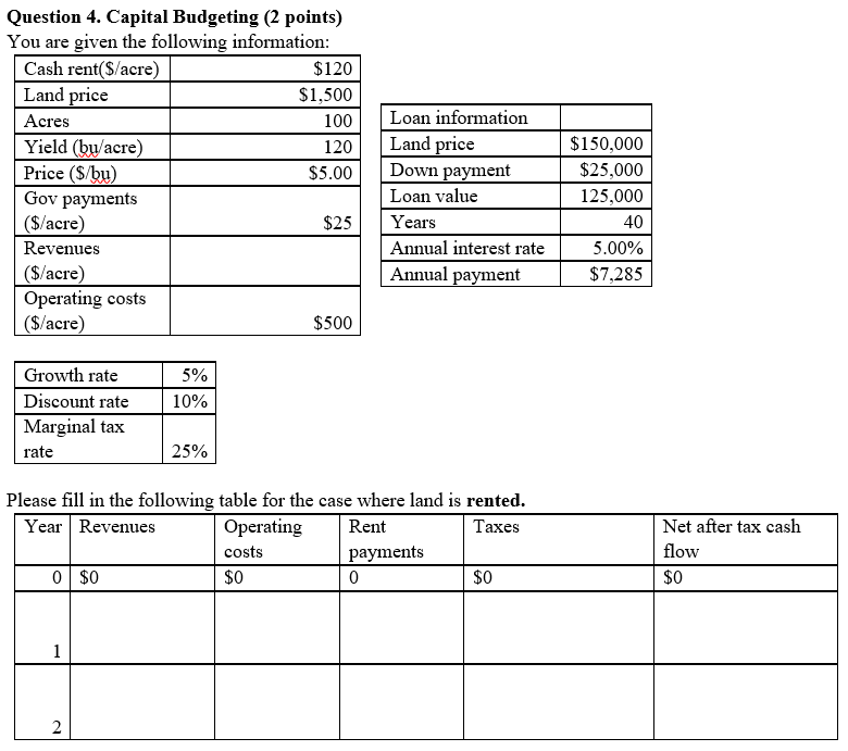  Question 4. Capital Budgeting (2 points) You are given the following