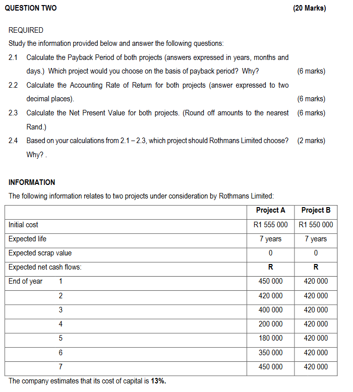  QUESTION TWO (20 Marks) REQUIRED Study the information provided below and
