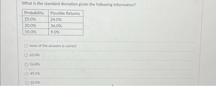  What is the standard deviation given the following information? Probability Possible