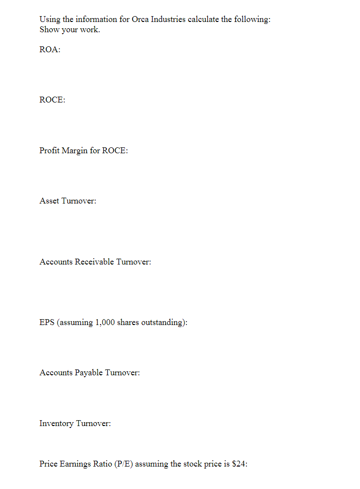 most recent income statement for Orca Industries. The company has an effective