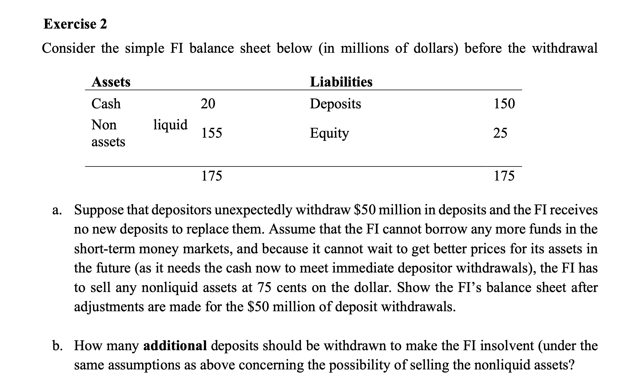 Exercise 2 Consider the simple FI balance sheet below (in millions