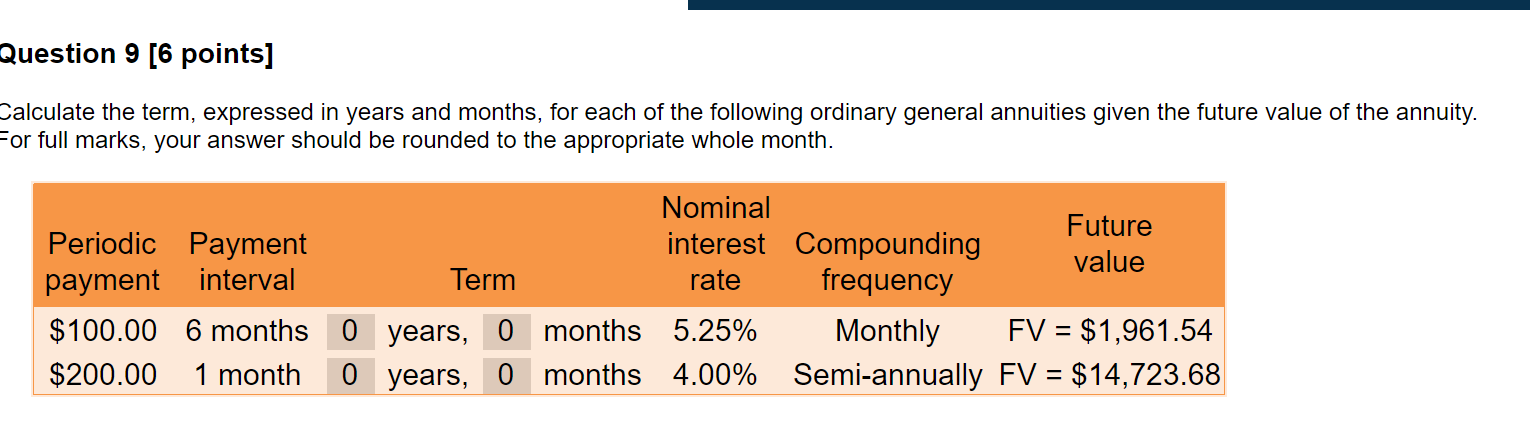  Question 9 [6 points] Calculate the term, expressed in years and
