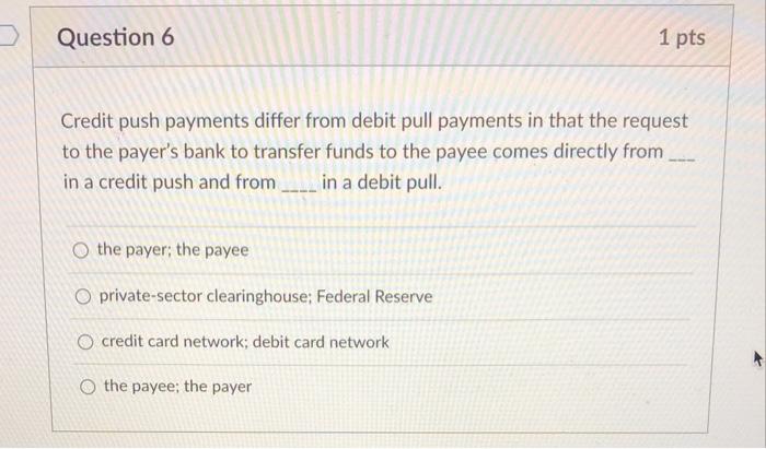 Credit push payments differ from debit pull payments in that the