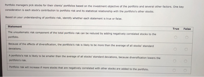 and diversification A financial planner is examining the portfolios held by several