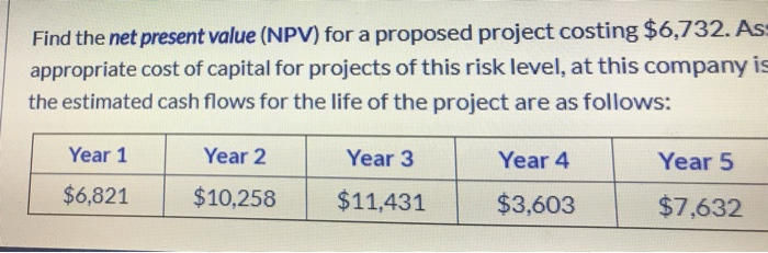  Find the net present value (NPV) for a proposed project costing