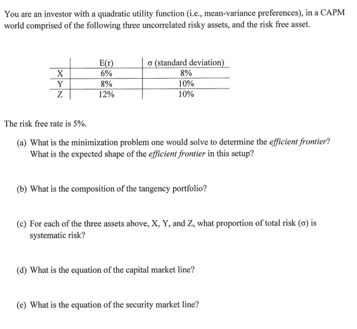  You are an investor with a quadratic utility function (i.e., mean-variance