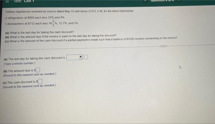 Test: Sellane Appliances received an invoice dated May 15 with terms