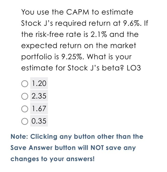  You use the CAPM to estimate Stock J's required return at
