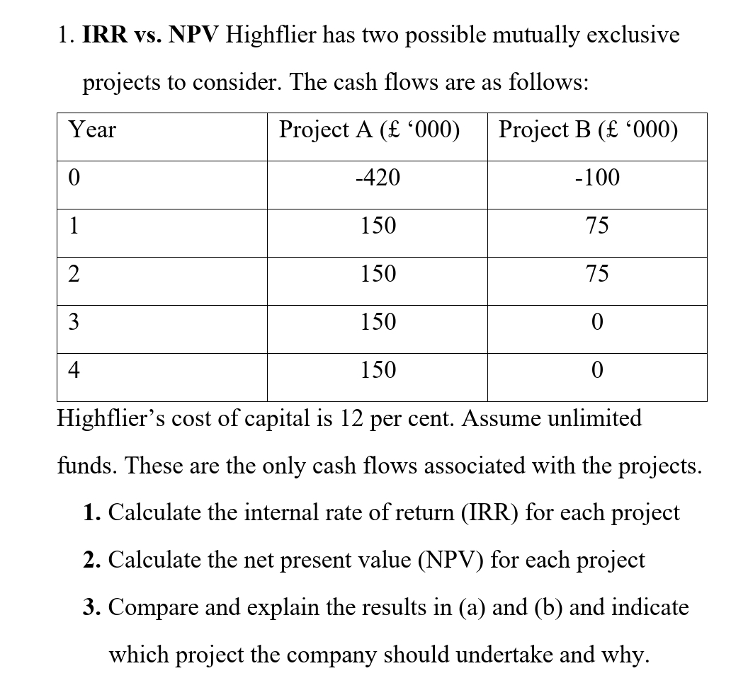  IRR vs. NPV Highflier has two possible mutually exclusive projects to