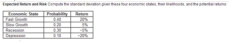  Expected Return and Risk Compute the standard deviation given these four