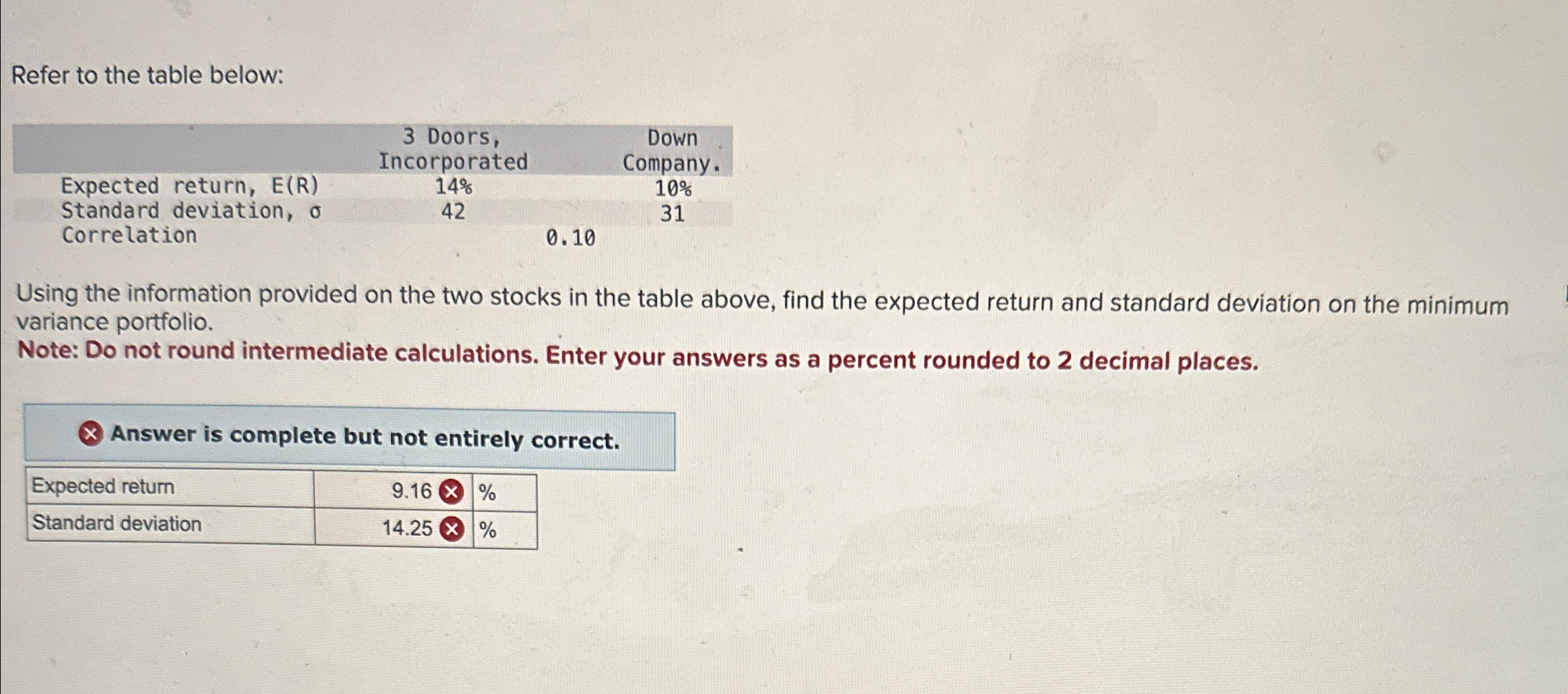  Refer to the table below: \table[[,\table[[3 Doors,],[Incorporated]],\table[[Down],[Company.]]],[Expected return, E(R),14%,10% 