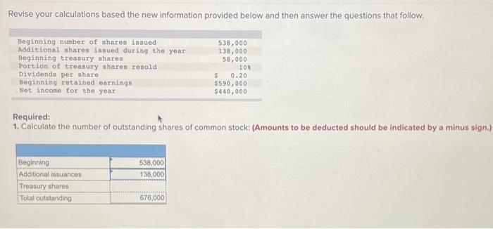  Revise your calculations based the new information provided below and then
