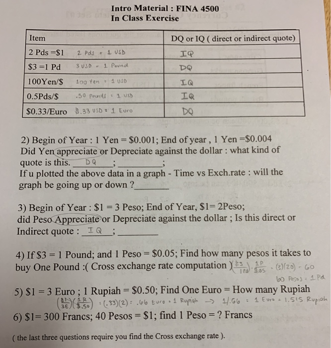 please show work: Intro Material : FINA 4500 In Class Exercise Item