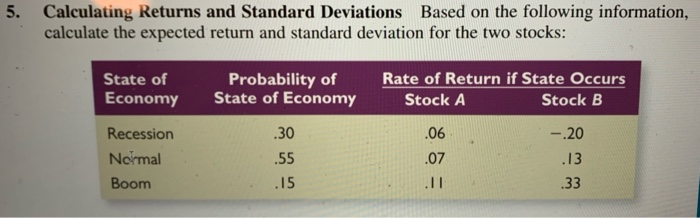  5. Calculating Returns and Standard Deviations Based on the following information,