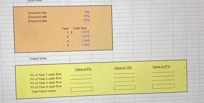 3 Output area: Input area: \begin{tabular}{lrrrr|} \hline Present value & Years &
