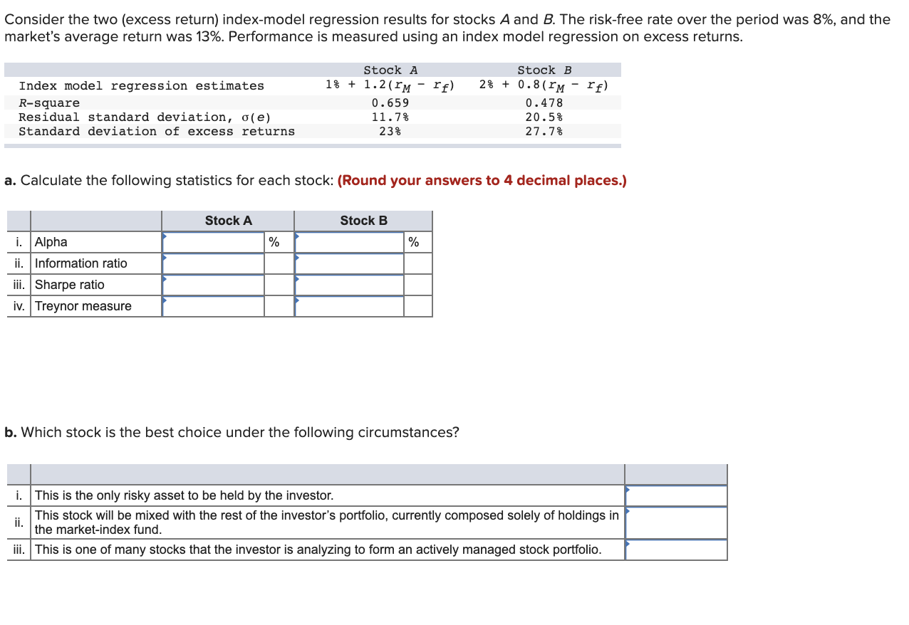 Consider the two (excess return) index-model regression results for stocks A and
