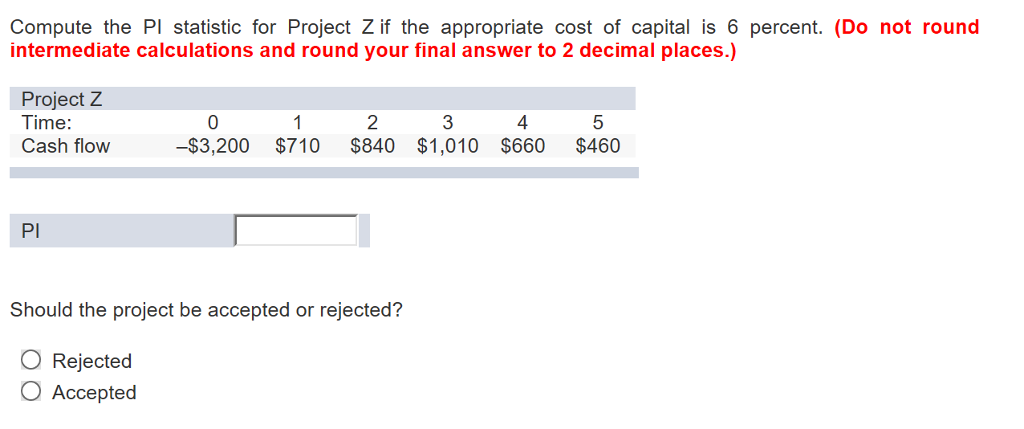 Compute the Pl statistic for Project Z if the appropriate cost