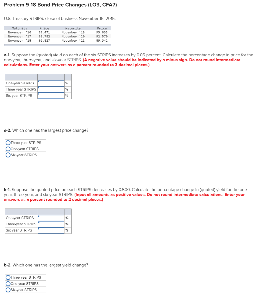  9-2 Problem 9-18 Bond Price Changes (LO3, CFA7) U.S. Treasury STRIPS,