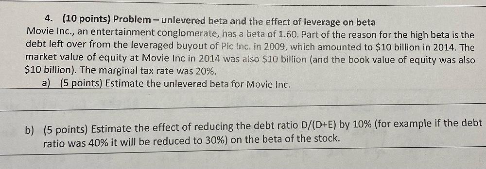  4. (10 points) Problem - unlevered beta and the effect of