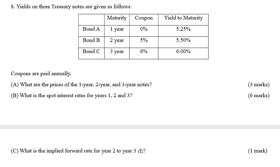  8. Yields on three Treasury notes are given as follows: Maturity