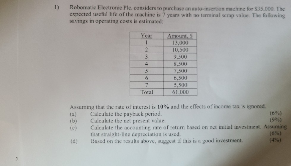 1) Robomatic Electronic Plc. considers to purchase an auto-insertion machine for