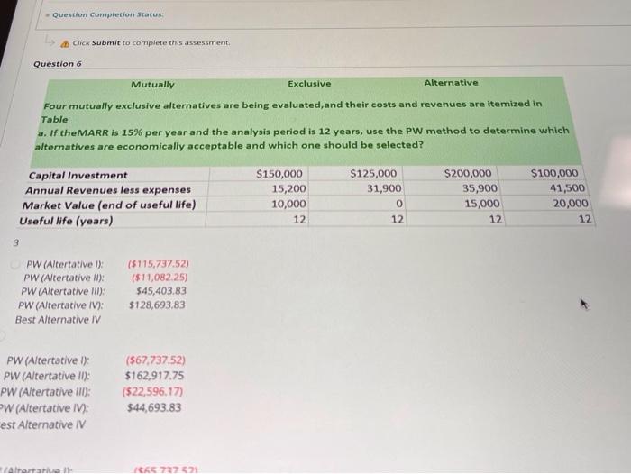  Question Completion Status: Click Submit to complete this assessment Question 6