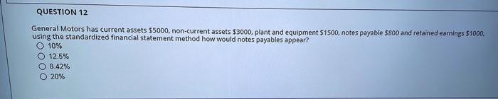  QUESTION 12 General Motors has current assets $5000, non-current assets $3000,