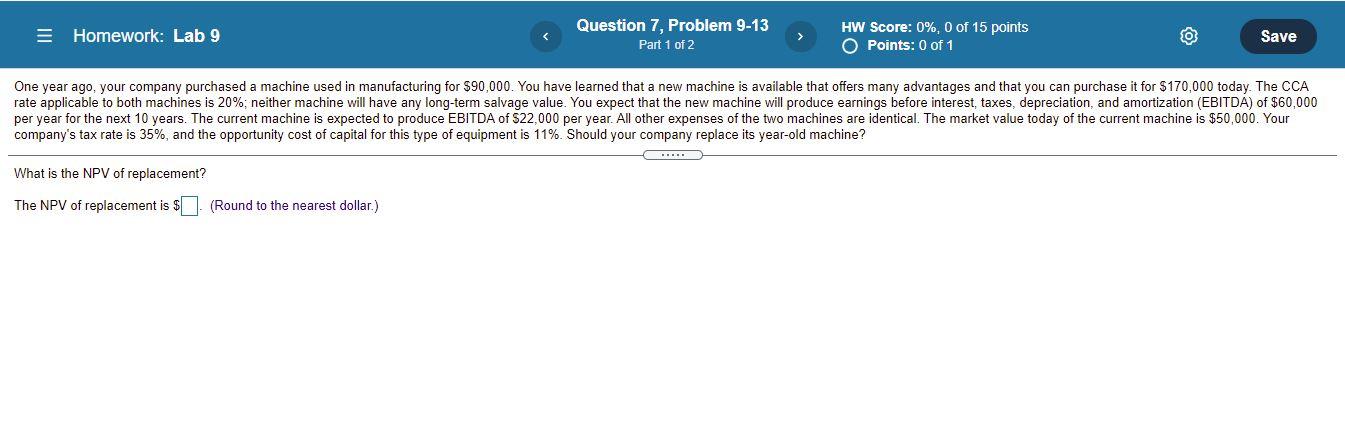  = Homework: Lab 9 Question 7, Problem 9-13 Part 1 of