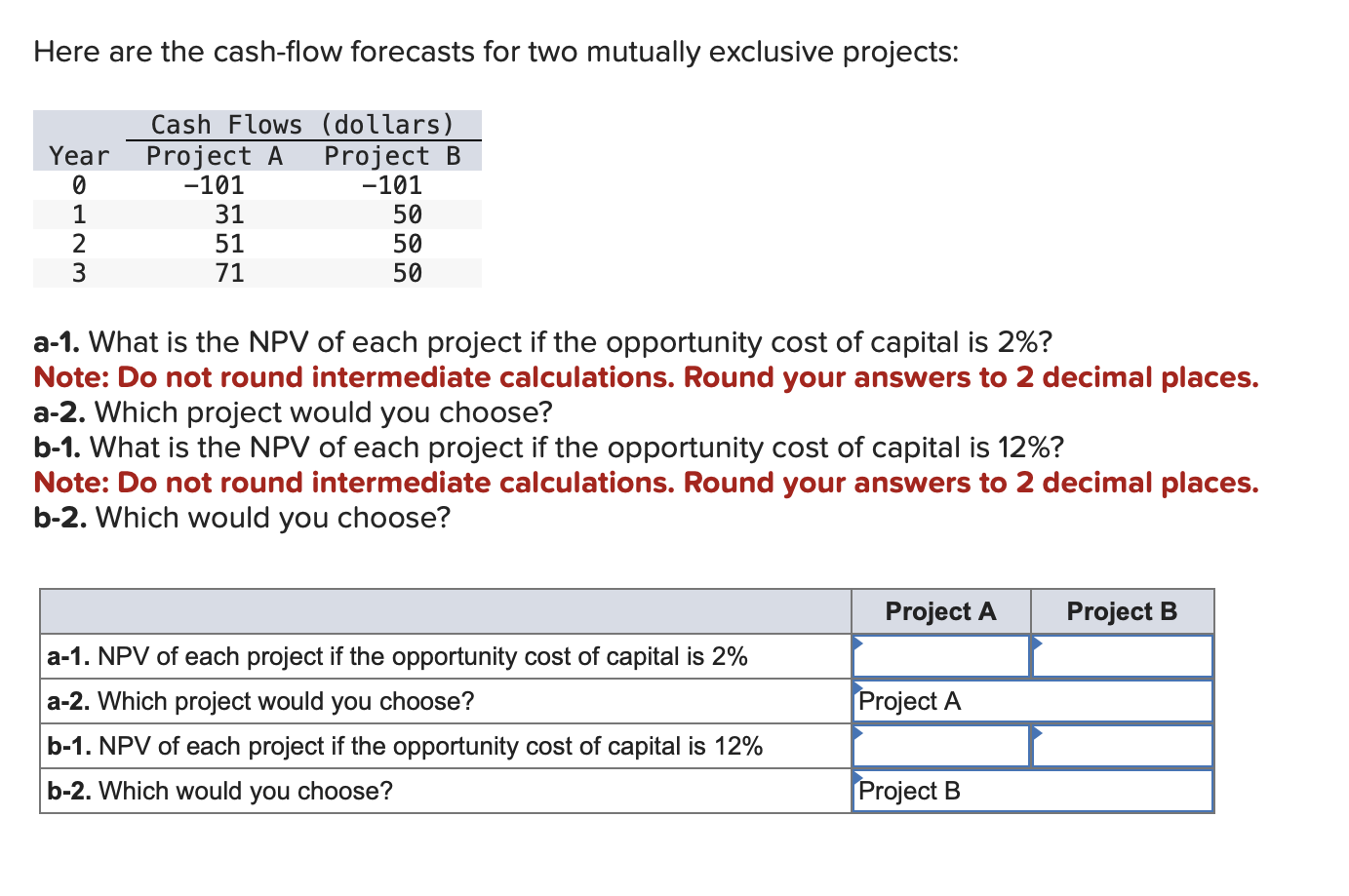  Here are the cash-flow forecasts for two mutually exclusive projects: a-1.